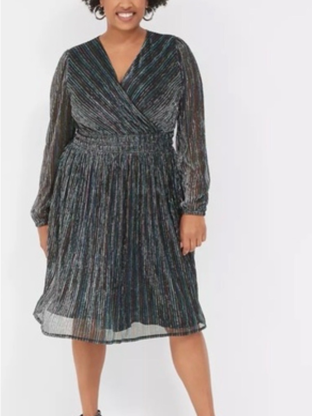 #28 Lane Bryant Metallic Pleated Wrap Midi Dress - Black Multi